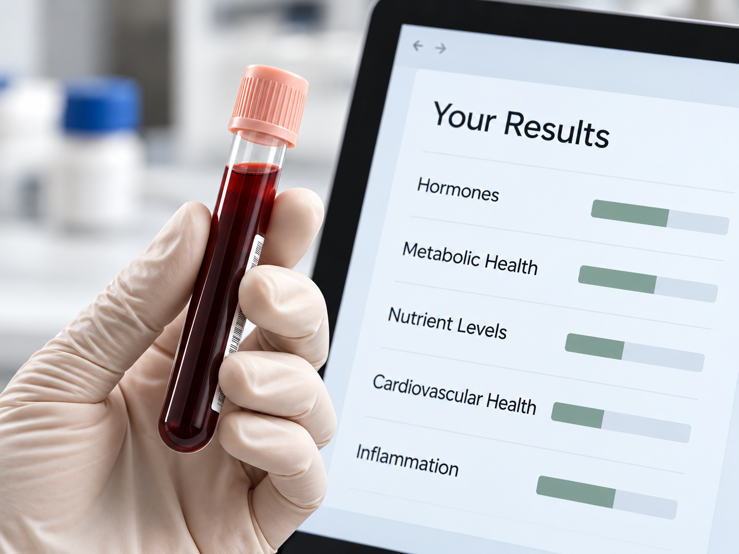 Gloved hand holding a blood sample tube beside a tablet showing lab results
