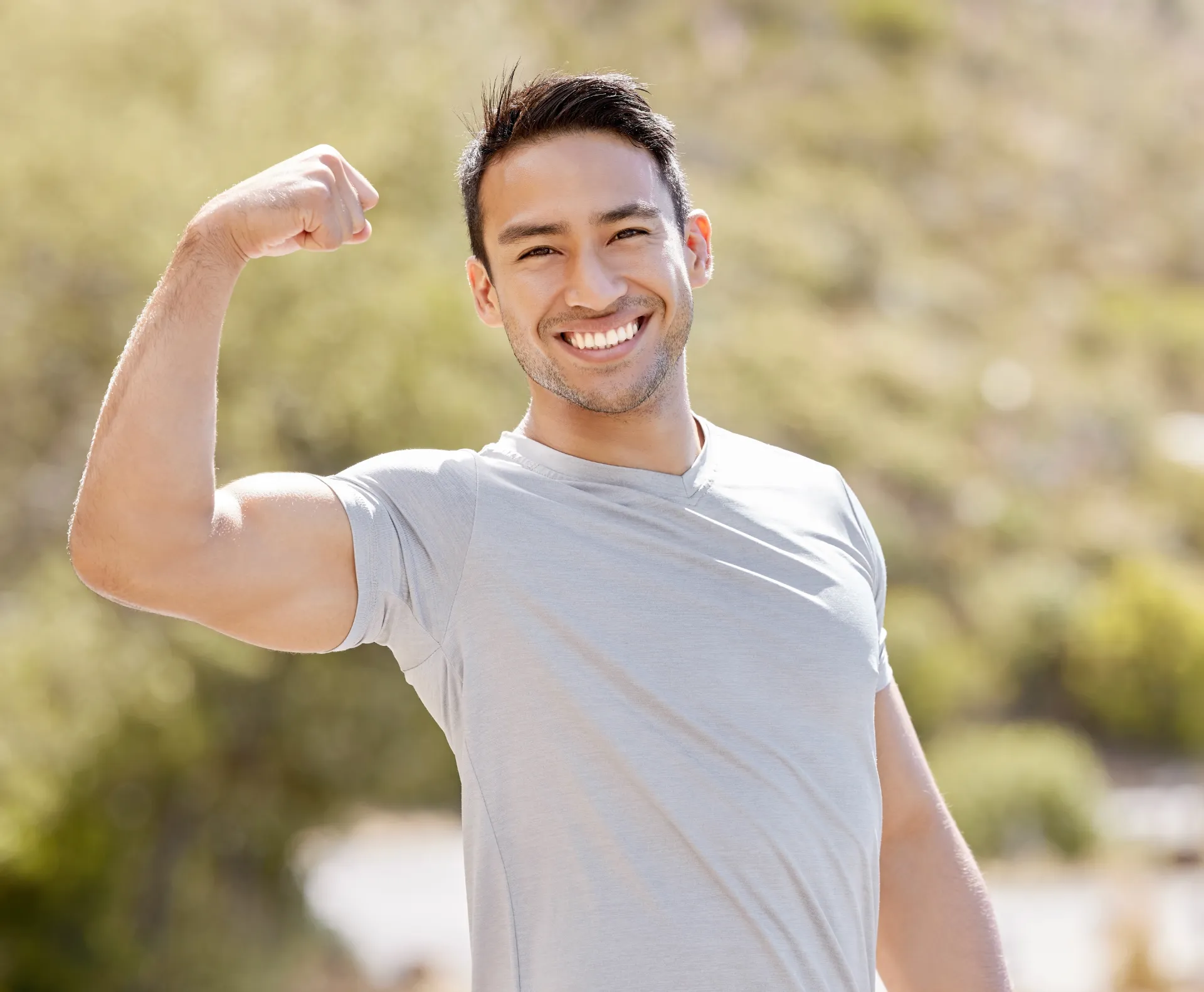 fitness nature and a man flexing biceps with a sm utc